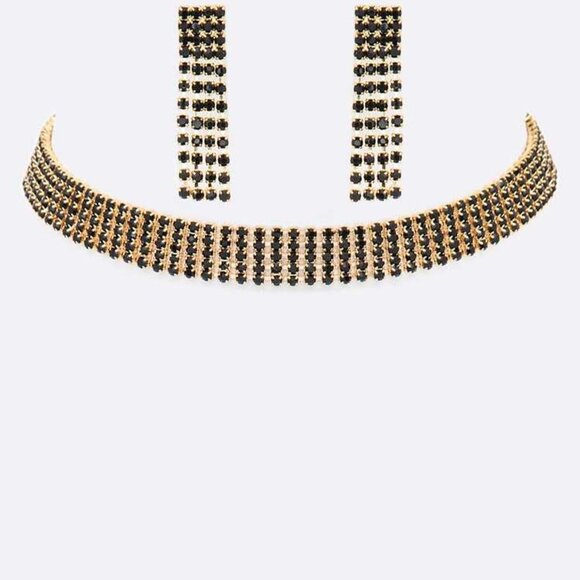 5 Row Color Crystal Rhinestone Choker Set - Gold/Clear - Picture 1 of 2